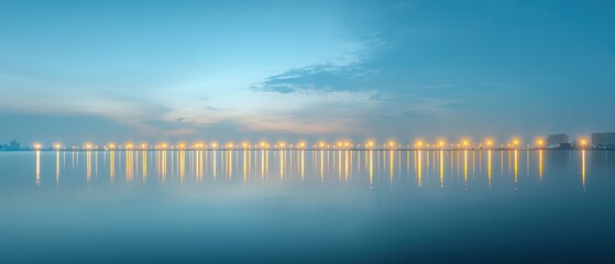 Fototapeta premium Tranquil lakeside lights reflect beautifully against the calm mirrored surface of the water creating a serene and dreamlike atmosphere under the twilight sky