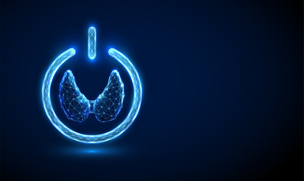 Abstract blue thyroid gland inside a power button. Thyroid health protection concept. Low poly futuristic digital technology neon style