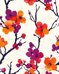 seamless Vibrant floral design featuring colorful blossoms in shades of orange, purple, and pink against a light background.