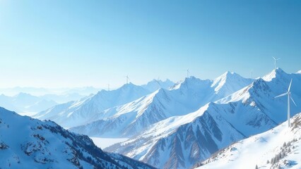 Fototapeta premium Serene Winter Landscape with Majestic Mountain Peaks and Clean Energy Wind Turbines