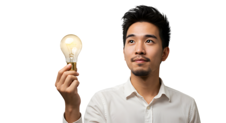Pensive Asian Man Holding Glowing Lightbulb PNG Cutout Isolated on PNG Background.