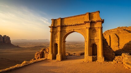 Ancient Archway Standing Tall Against the Desert Landscape, Bathed in Golden Sunlight, A Timeless Monument to History and Human Ingenuity.