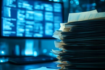 A stack of papers on an office desk, with a blurred background showing digital screensv