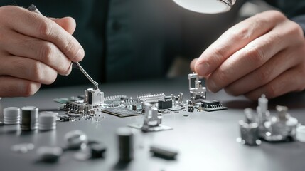 Close-up of technician assembling components onto an intricate electric circuit board with precision tools