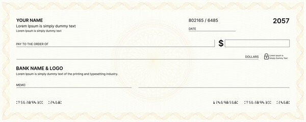 Blank bank check, checkbook cheque template or money payment paper voucher, vector mockup. Business or personal account cash pay cheque certificate or paycheck coupon from checkbook