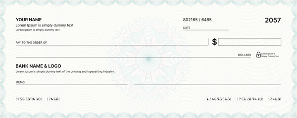 Blank bank check, checkbook cheque template or money payment paper voucher, vector mockup. Business or personal account cash pay cheque certificate or paycheck coupon from checkbook