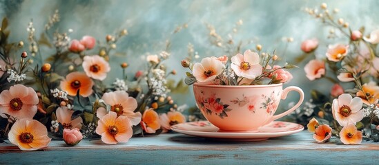 Peachy Teacup Arrangement with Flowers on a Wooden Table