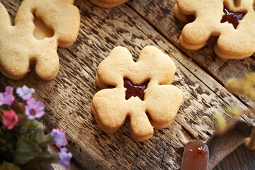 Linzer Easter cookie with lungwort flowers in spring