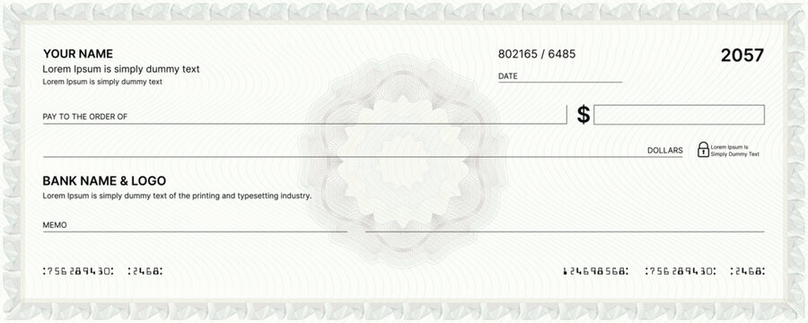 Blank bank check, checkbook cheque template or money payment paper voucher, vector mockup. Business or personal account cash pay cheque certificate or paycheck coupon from checkbook