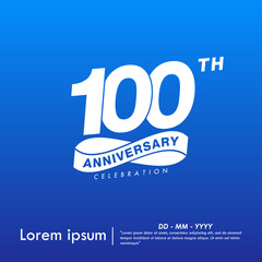 100th years anniversary celebration emblem. white anniversary logo isolated with infinity circle ribbon on blue background. vector illustration template design for web, flyers, poster, greeting card