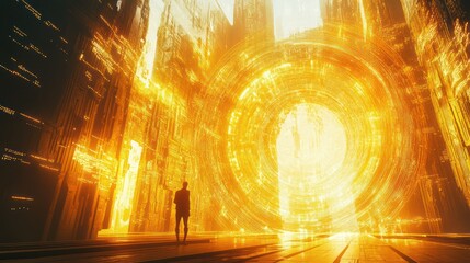 Obraz premium A solitary figure stands before a luminous portal of light