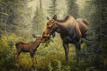 Fototapeta premium A mother moose gently touches her calf with leaves in forest