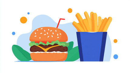 Colorful illustration of a cheeseburger with lettuce and fries in a blue container.
