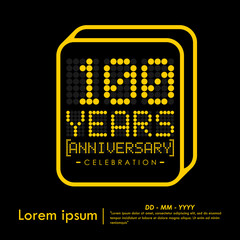 Fototapeta premium 100th years anniversary celebration emblem. yellow anniversary logo isolated medal badge of digital dotted with letters, numbers on black background. vector illustration template