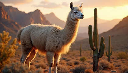 Fluffy llama grazing near prickly cactus at sunset, serene desert scene