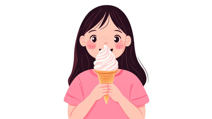 Girl with Ice Cream Cone Enjoying Summer Treat, cut out transparent
