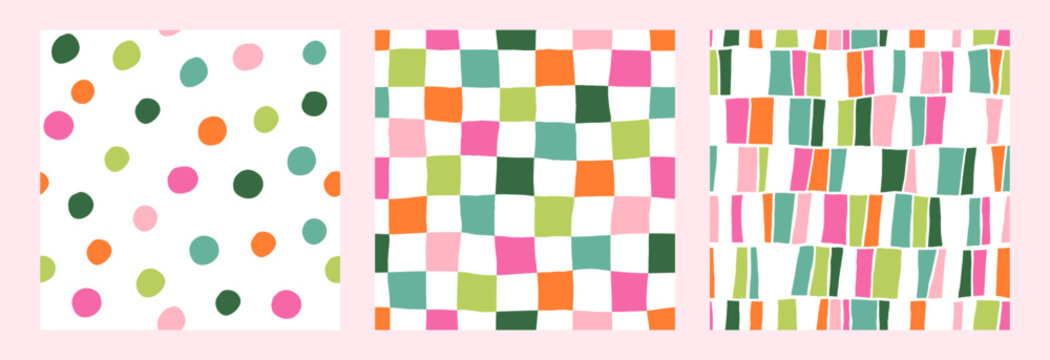 Abstract modern hand drawn dots and checkerboard seamless patterns set vector illustration.