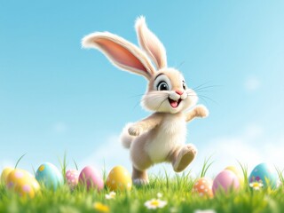 Fototapeta premium Adorable Easter Bunny with Colorful Eggs in a Spring Meadow