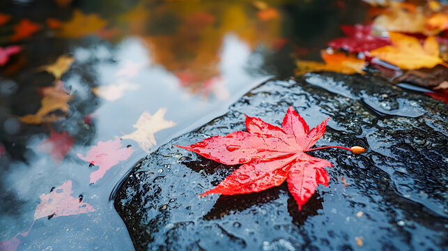 Vibrant Red Maple Leaf on Wet Stone Surrounded by Autumn Leaves - Powered by Adobe