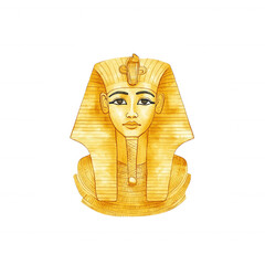 An artistic illustration of a pharaoh bust, showcasing intricate details and a golden hue against a white isolated background.