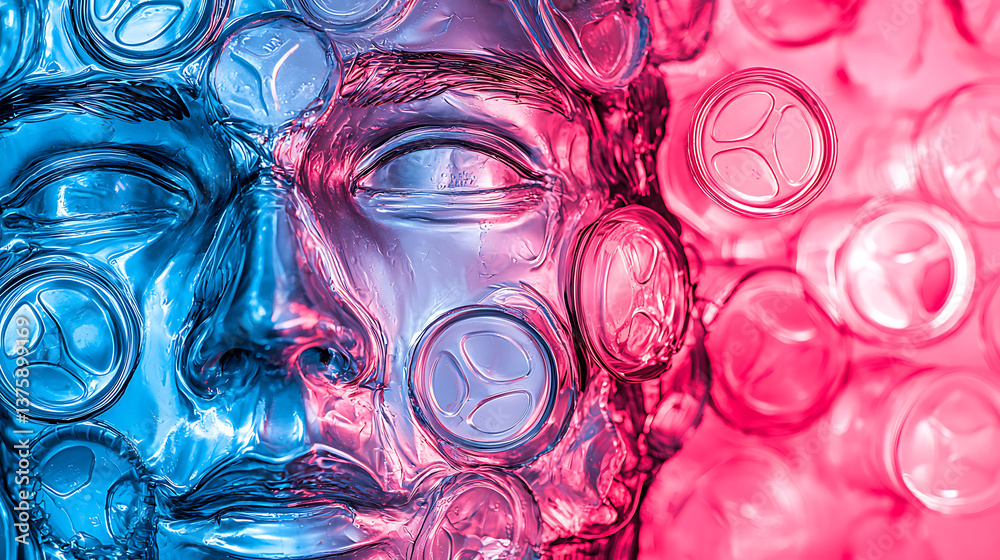 Poster exploring abstract human forms digital art virtual environment colorful display close-up perspective