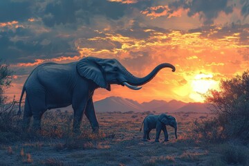 Naklejka premium An adult elephant walking alongside a calf at sunset