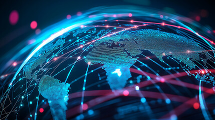 Global connectivity in technology digital network visualization of earth with data flow and light effects