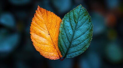 Fototapeta premium Autumn leaves, two contrasting colors, forest backdrop, balance