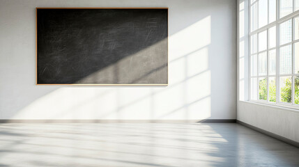 Empty bright modern classroom with blank chalkboard and shadows from panoramic window, daylight, background education and knowledge