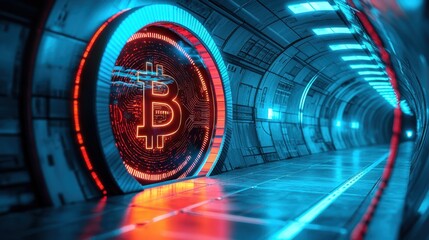 A futuristic tunnel illuminated with blue and red lights features a prominent Bitcoin symbol, representing the convergence of technology and finance.