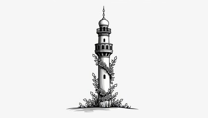 Obraz premium Minimalistic line art of a minaret engulfed by plants 