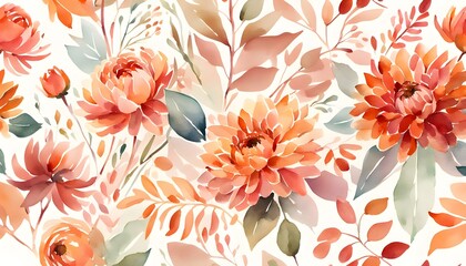 Watercolor Floral Arrangement in Peach and Coral Tones, Hand-Painted Dahlia and Rose Botanical Illustration on White, Soft Pastel Watercolor Flowers with Leaves and Foliage Design