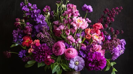 Obraz premium Vibrant Purple Pink Flower Bouquet Floral Arrangement Stunning Roses Dahlias Ranunculus Beautiful Spring Summer Blooms Lush Garden Flowers Romantic Floral Design Exquisite Petals Pretty Botanical 