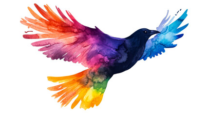 Fototapeta premium Flying Watercolor Bird with Rainbow Wings on Black, cut out transparent