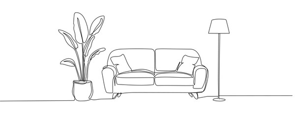 Contemporary furniture in Scandinavian style one continuous line drawing. Sofa, floor lamp and potted plant for living room or hotel concept in simple linear style. Doodle vector illustration