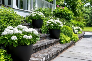 White Hydrangeas in Black Pots on Stone Steps