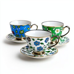 Fototapeta premium Three Floral Teacups and Saucers with Gold Trim