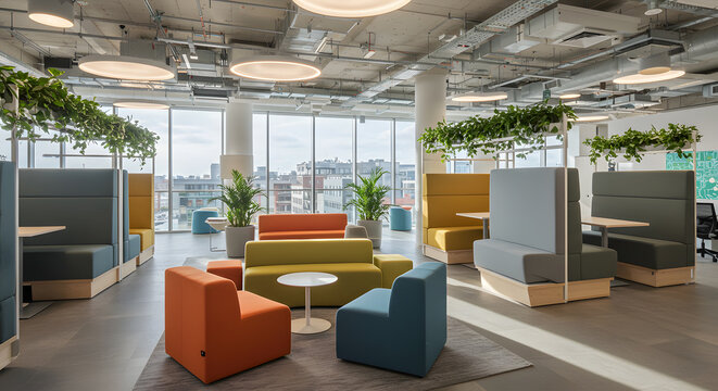 Bright coworking space with modern furniture, collaborative seating areas, and plenty of greenery.