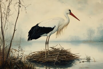 A large white bird stands on a nest near a tranquil lake