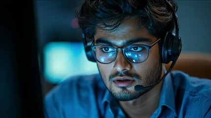Focused young man in headset working on computer, engaged in modern communication tasks.