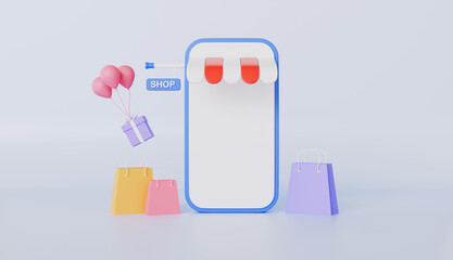 Mobile phone flying gift boxes with bows, receiving surprise box online, online Shopping Concept