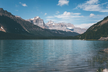 landscape and nature photograph shot during a summer journey in canada, with lakes, rocky mountains, animals and clouds through wide pine tree forests