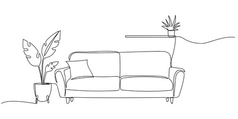 Contemporary furniture in Scandinavian style one continuous line drawing. Sofa, floor lamp and potted plant for living room or hotel concept in simple linear style. Doodle vector illustration © SmartArtStudio