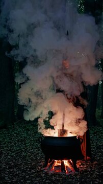 Mystic witch brewing potion in cauldron, surrounded by smoke, outdoors in dark forest at night. Halloween concept