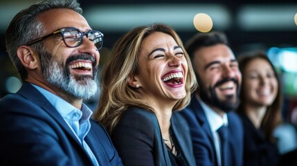 Obraz premium A group of people joyfully laughing together, showcasing a moment of connection and happiness in a social setting.