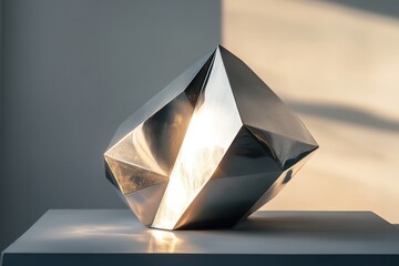 A shiny metallic geometric sculpture resting on a clean white surface