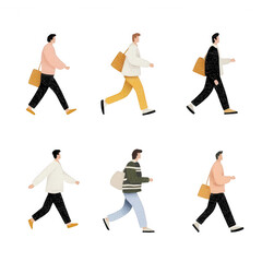 Six diverse characters walking with bags, showcasing different styles and movements, perfect for illustrating urban life and daily activities, isolated on a white background.