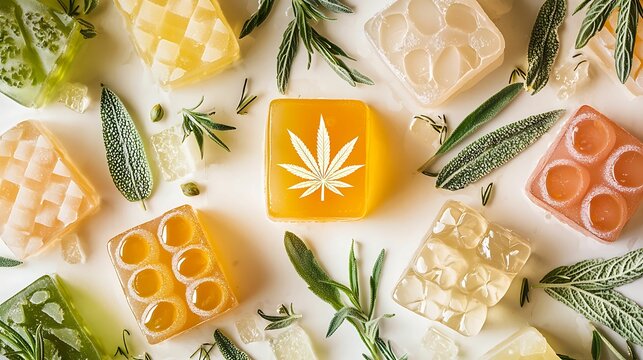 Colorful cannabis-infused jellies arranged with herbs, showcasing a blend of flavors and creativity in a vibrant display.