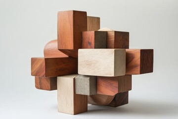 Obraz premium A wooden sculpture composed of multiple interlocking rectangular blocks