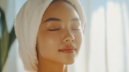 Fototapeta premium Woman enjoying a skincare routine with a towel on her head in a bright bathroom while relaxing and promoting self-care
